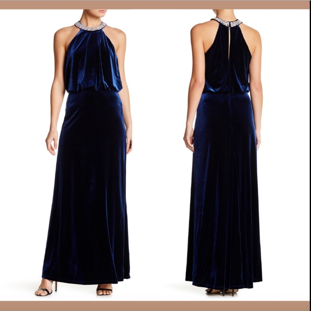 NWT $199 Marina Embellished Velvet Gown Navy Blue‎ [ SZ 6 ]